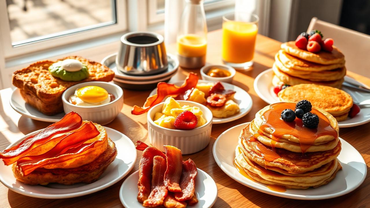 mic dejun gatit in friteuza cu aer cald - toast, oua, bacon crispy, hash browns, clatite