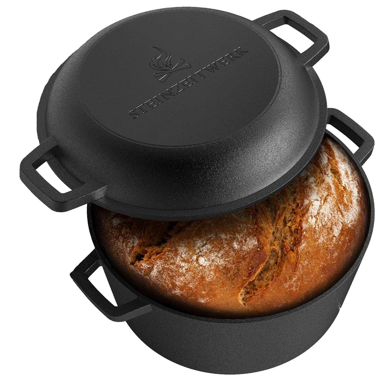 Oală Steinzeitwerk cu capac din fontă - 4.6L - Dutch oven profesional cu accesorii incluse